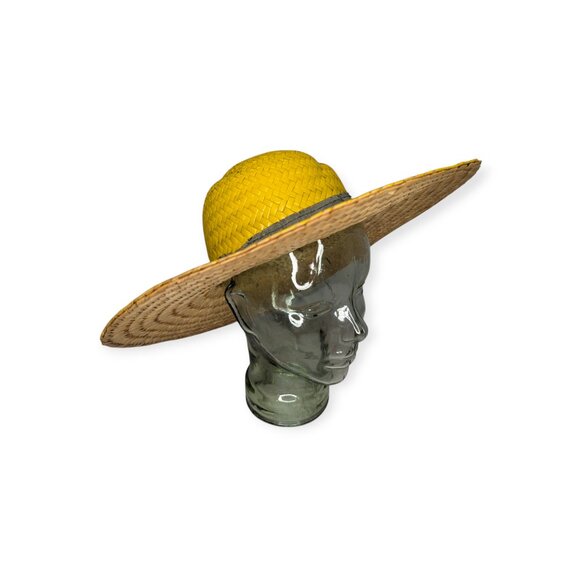 Vintage Yellow & Tan Straw Woven Wide Brim Hat w/Ribbon Accent - Picture 5 of 11